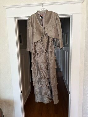 R&M Richards Metallic Tiered Ruffle Gown with Jacket